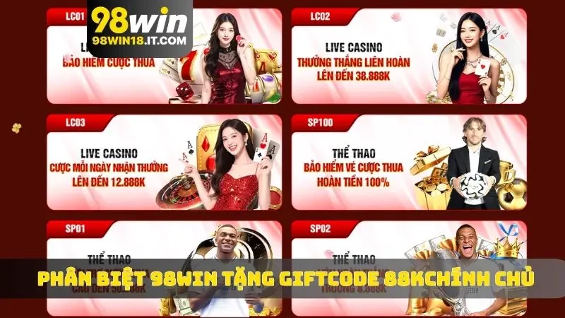 Phân biệt 98WIN tặng giftcode 88k ở trang chính chủ